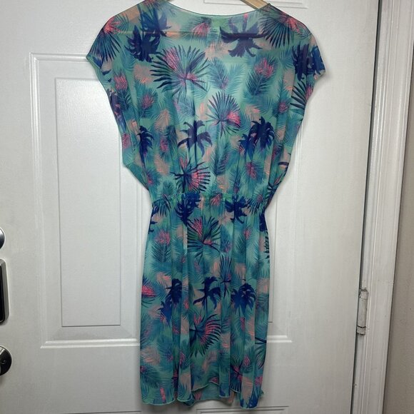 OP Swimsuit Coverup Drawstring Waist Tropical Teal and Pink Design in Size Large - Picture 2 of 7